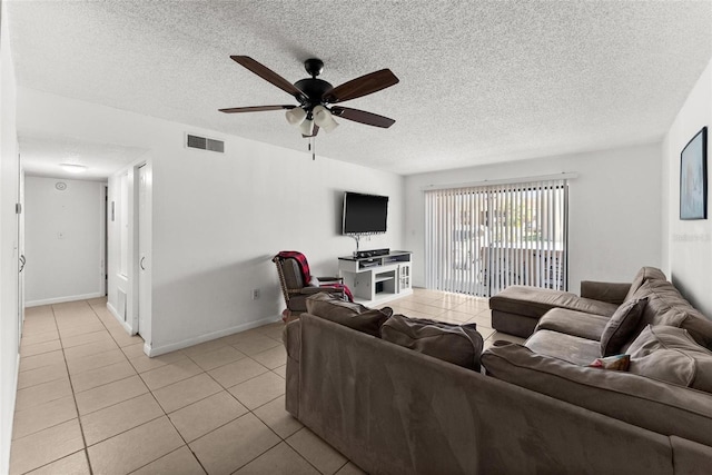 5201 Vineland Rd Unit 112, Orlando, FL 32811 - living room with a ceiling fan, a textured ceiling, light tile patterned floors, baseboards, and visible vents
