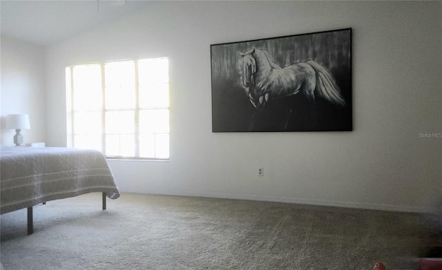 carpeted bedroom featuring lofted ceiling