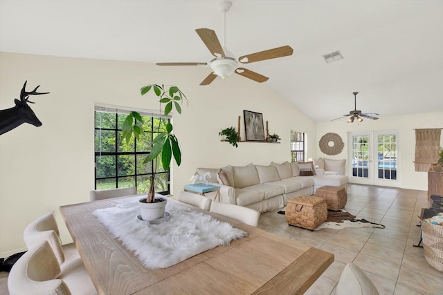 11419 Donneymoor Dr, Riverview, FL 33569 - living area featuring a ceiling fan, vaulted ceiling, french doors, and light tile patterned floors