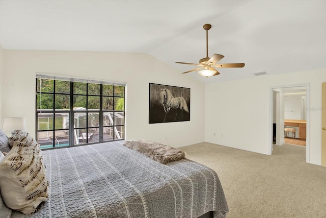 11419 Donneymoor Dr, Riverview, FL 33569 - carpeted bedroom with vaulted ceiling and a ceiling fan