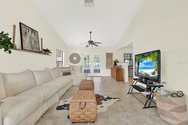11419 Donneymoor Dr, Riverview, FL 33569 - living area featuring french doors, high vaulted ceiling, light tile patterned flooring, and ceiling fan