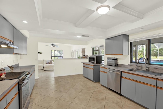 11419 Donneymoor Dr, Riverview, FL 33569 - kitchen with stainless steel appliances, open floor plan, recessed lighting, light tile patterned floors, and a ceiling fan