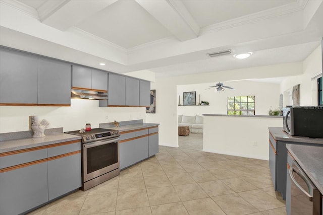 11419 Donneymoor Dr, Riverview, FL 33569 - kitchen featuring appliances with stainless steel finishes, under cabinet range hood, open floor plan, gray cabinets, and ornamental molding