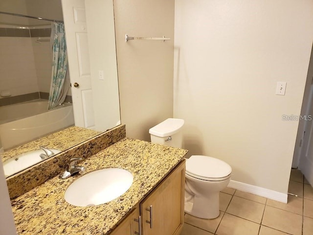 full bathroom featuring shower / bath combination with curtain, vanity, toilet, and tile patterned flooring