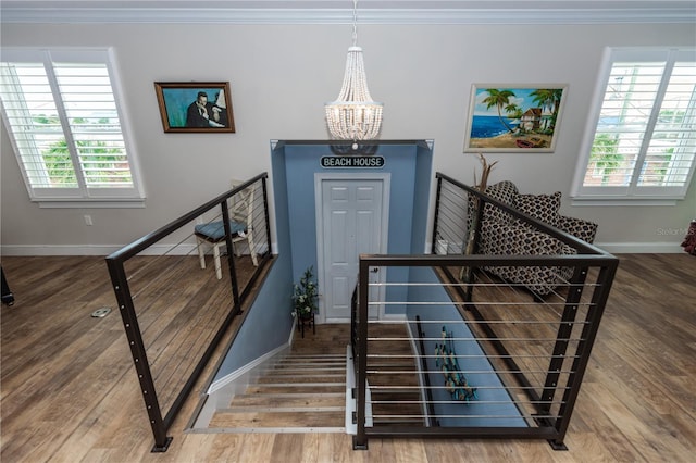 staircase with a healthy amount of sunlight, wood finished floors, and crown molding