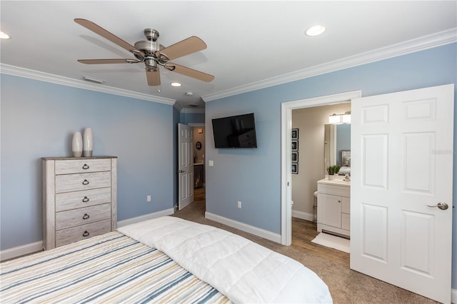 bedroom featuring light carpet, baseboards, crown molding, and recessed lighting