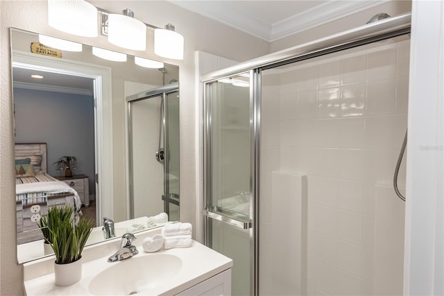 full bathroom featuring ensuite bathroom, a stall shower, vanity, and crown molding