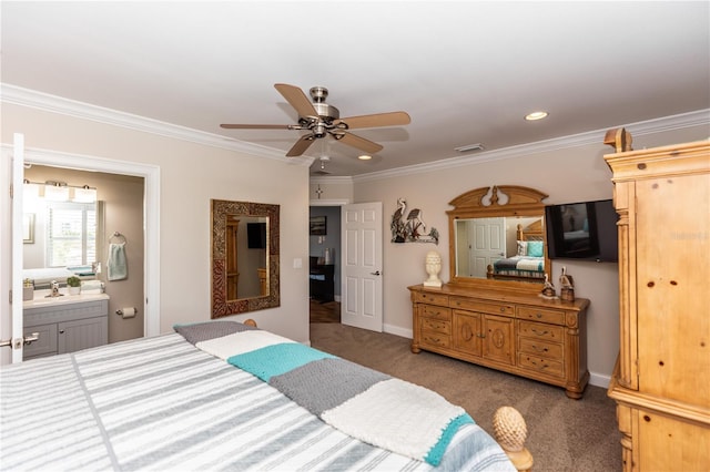 bedroom with ornamental molding, light colored carpet, connected bathroom, and visible vents