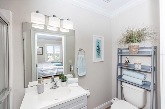 bathroom featuring toilet, ensuite bath, crown molding, and vanity