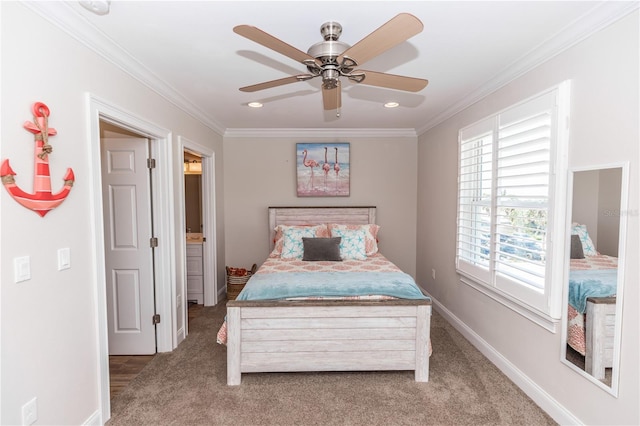 carpeted bedroom featuring a ceiling fan, recessed lighting, crown molding, and baseboards