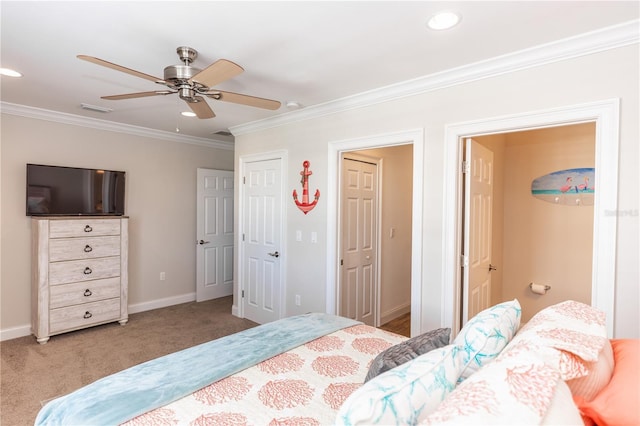 bedroom with carpet, visible vents, crown molding, and baseboards