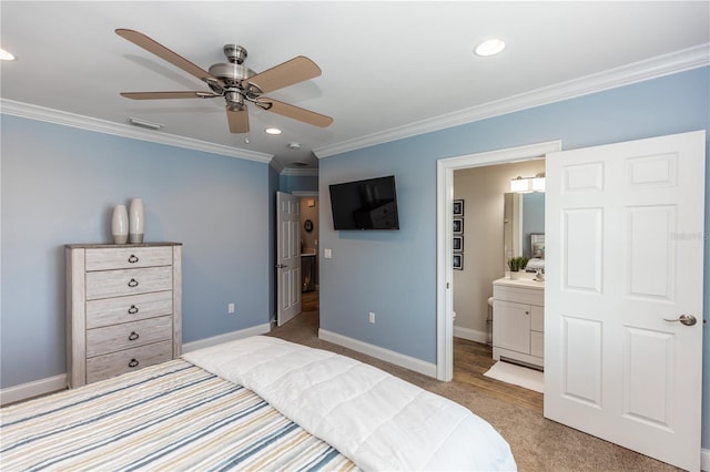 435 Jessamine Ave, New Smyrna Beach, FL 32169 - bedroom featuring crown molding, carpet flooring, recessed lighting, baseboards, and ensuite bathroom