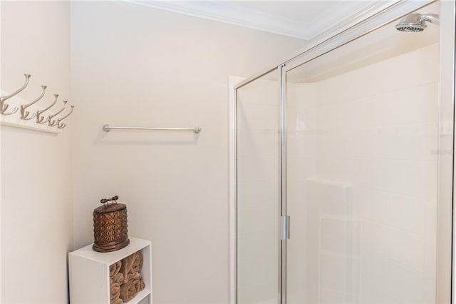 435 Jessamine Ave, New Smyrna Beach, FL 32169 - bathroom with a stall shower and ornamental molding