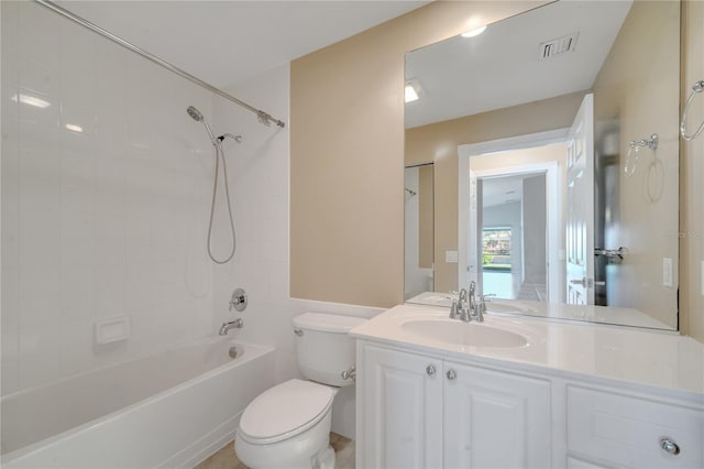 full bath with visible vents, shower / bathtub combination, toilet, and vanity