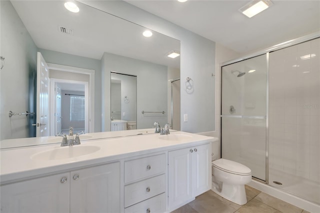 bathroom with tile patterned flooring, visible vents, a shower stall, toilet, and a sink