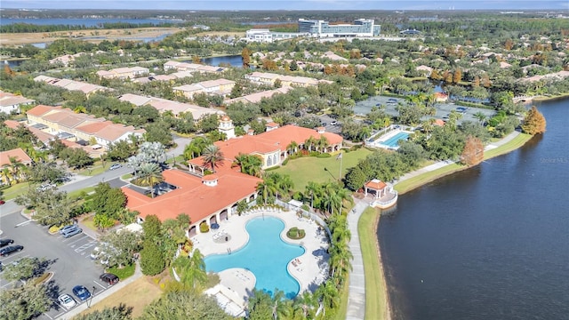 bird's eye view with a water view