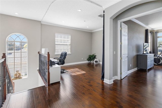 office space with crown molding and dark hardwood / wood-style floors