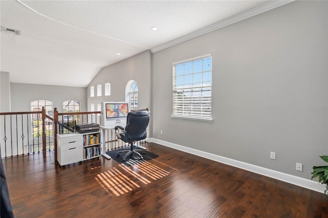 office area featuring plenty of natural light, dark hardwood / wood-style floors, and a textured ceiling