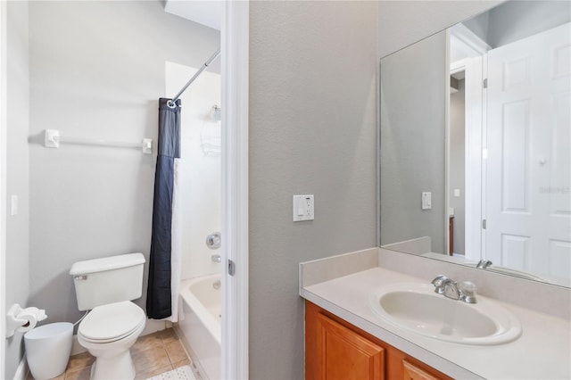 full bathroom featuring toilet, vanity, shower / bathtub combination with curtain, and tile patterned flooring