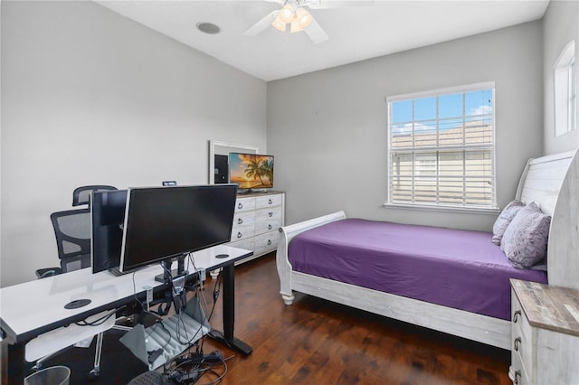 bedroom with dark wood-type flooring, ceiling fan, and multiple windows