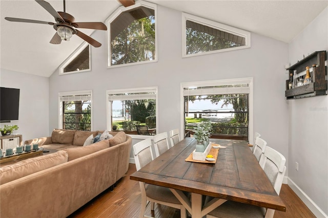 dining room with wood-type flooring, high vaulted ceiling, and ceiling fan