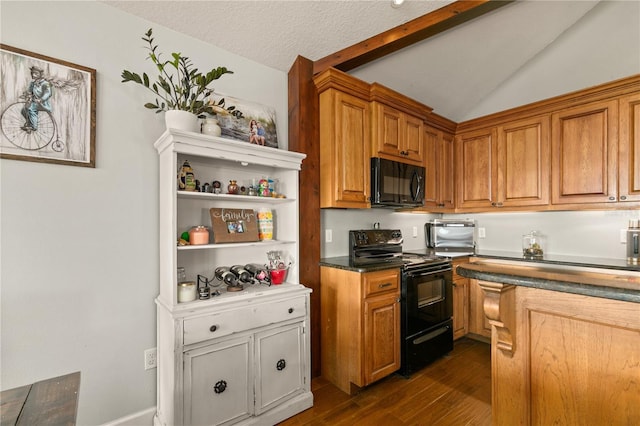 kitchen featuring lofted ceiling with beams, black appliances, dark hardwood / wood-style floors, and a textured ceiling