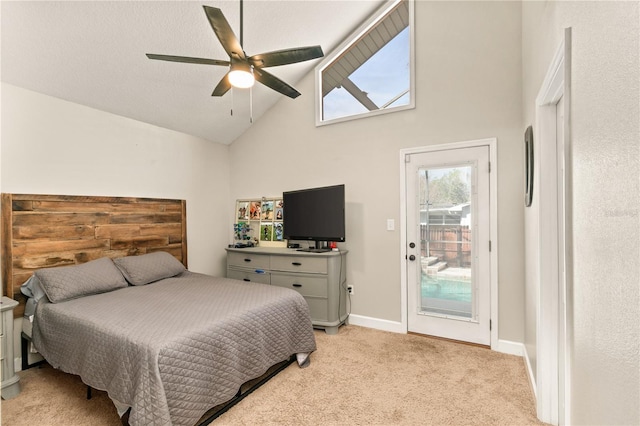 carpeted bedroom with access to exterior, a textured ceiling, high vaulted ceiling, and ceiling fan