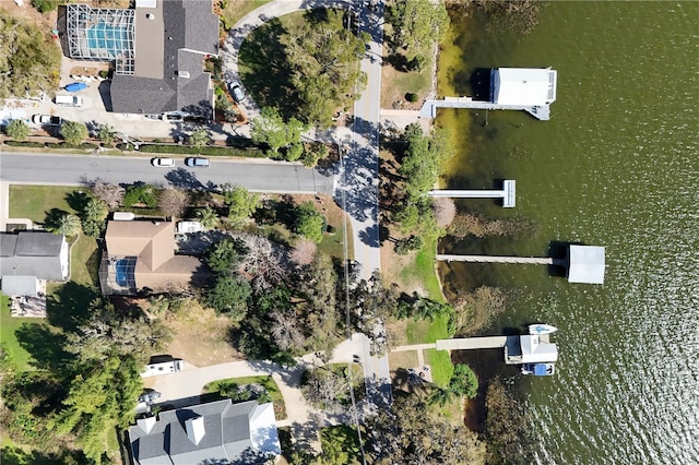 drone / aerial view featuring a water view