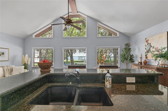 2929 Lakeshore Dr, Mount Dora, FL 32757 - kitchen with a sink, a ceiling fan, open floor plan, high vaulted ceiling, and dark stone countertops