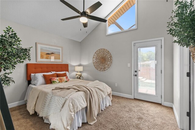 2929 Lakeshore Dr, Mount Dora, FL 32757 - carpeted bedroom with access to outside, high vaulted ceiling, baseboards, and ceiling fan