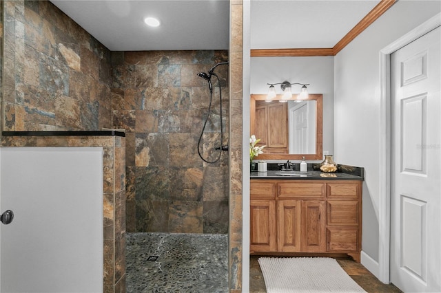 2929 Lakeshore Dr, Mount Dora, FL 32757 - bathroom featuring walk in shower, vanity, and crown molding