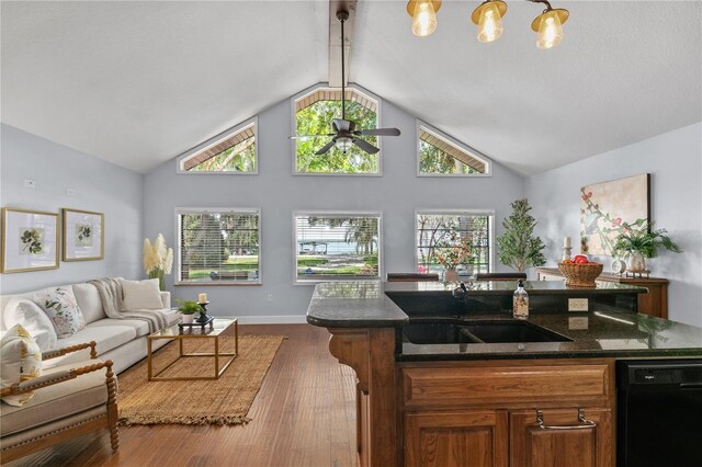 2929 Lakeshore Dr, Mount Dora, FL 32757 - kitchen with dishwasher, open floor plan, a sink, a ceiling fan, and high vaulted ceiling