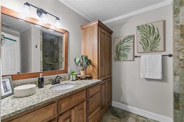 2929 Lakeshore Dr, Mount Dora, FL 32757 - bathroom featuring ornamental molding, vanity, tiled shower, and baseboards