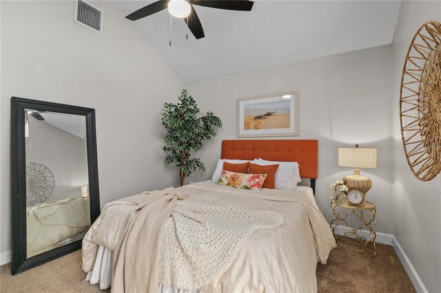 2929 Lakeshore Dr, Mount Dora, FL 32757 - carpeted bedroom with vaulted ceiling, baseboards, and ceiling fan