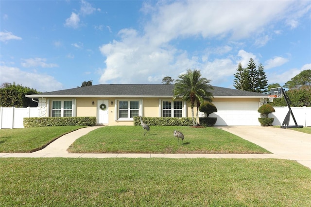 ranch-style house featuring a garage, fence, driveway, stucco siding, and a front yard