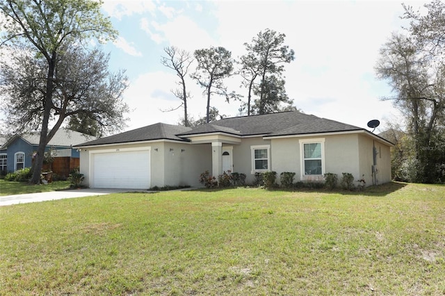 ranch-style home featuring driveway, a front yard, a garage, and stucco siding