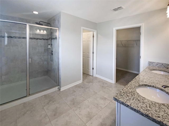 bathroom featuring vanity and a shower with shower door