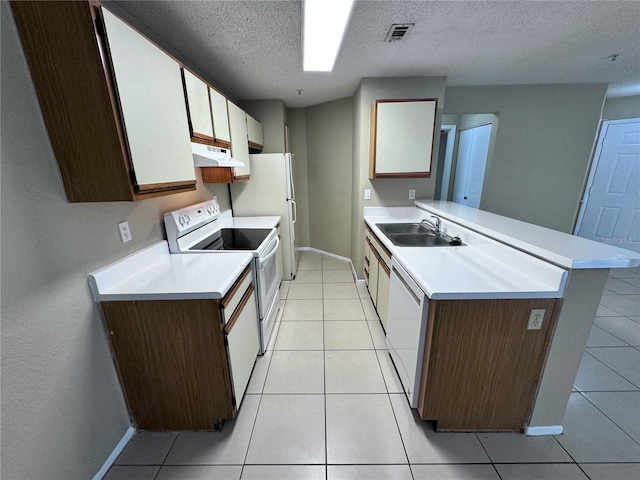 kitchen featuring sink, light tile patterned floors, kitchen peninsula, white appliances, and white cabinets