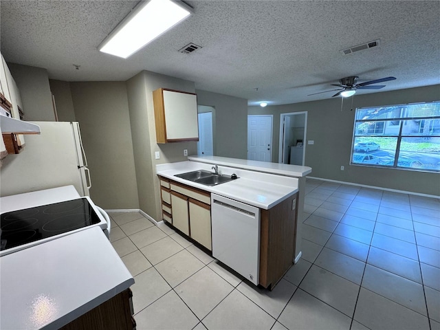 kitchen featuring sink, white cabinetry, light tile patterned floors, kitchen peninsula, and white appliances