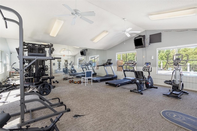 workout area with high vaulted ceiling, ceiling fan, and carpet