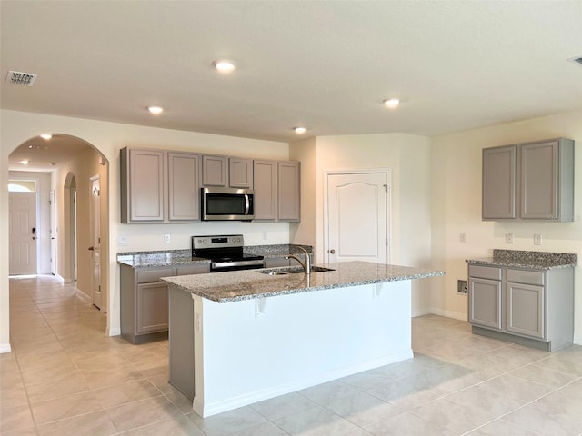 kitchen with appliances with stainless steel finishes, gray cabinets, sink, and a center island with sink