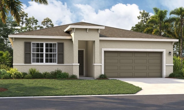 prairie-style house with a garage and a front lawn