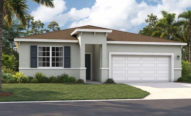view of front facade featuring a front yard, an attached garage, concrete driveway, stucco siding, and roof with shingles