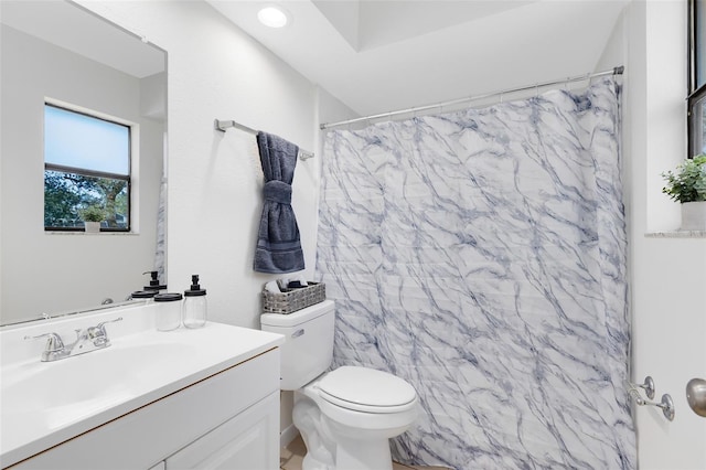 bathroom with vanity, toilet, and a shower with shower curtain