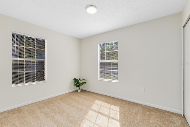 unfurnished room with light carpet and a textured ceiling