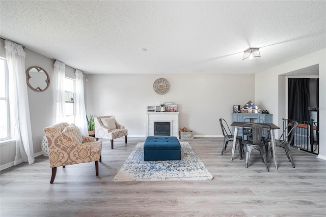 living area featuring a fireplace, a textured ceiling, baseboards, and wood finished floors