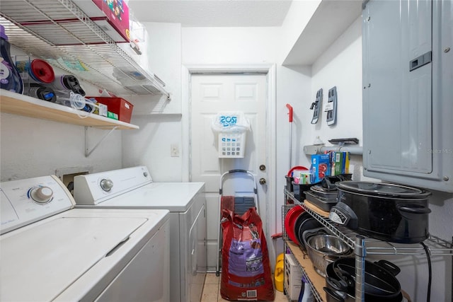 clothes washing area featuring independent washer and dryer and electric panel