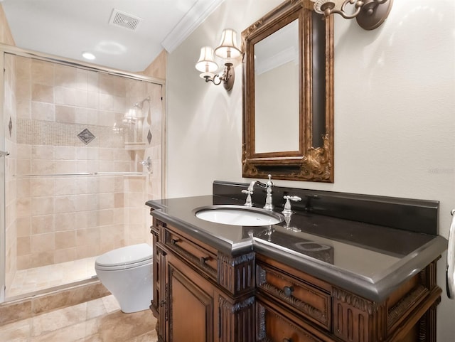 bathroom featuring walk in shower, toilet, crown molding, vanity, and tile patterned flooring