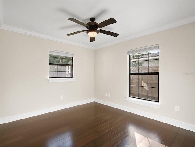 spare room featuring dark wood-type flooring, ceiling fan, and ornamental molding