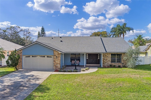 single story home featuring a garage, a porch, and a front yard